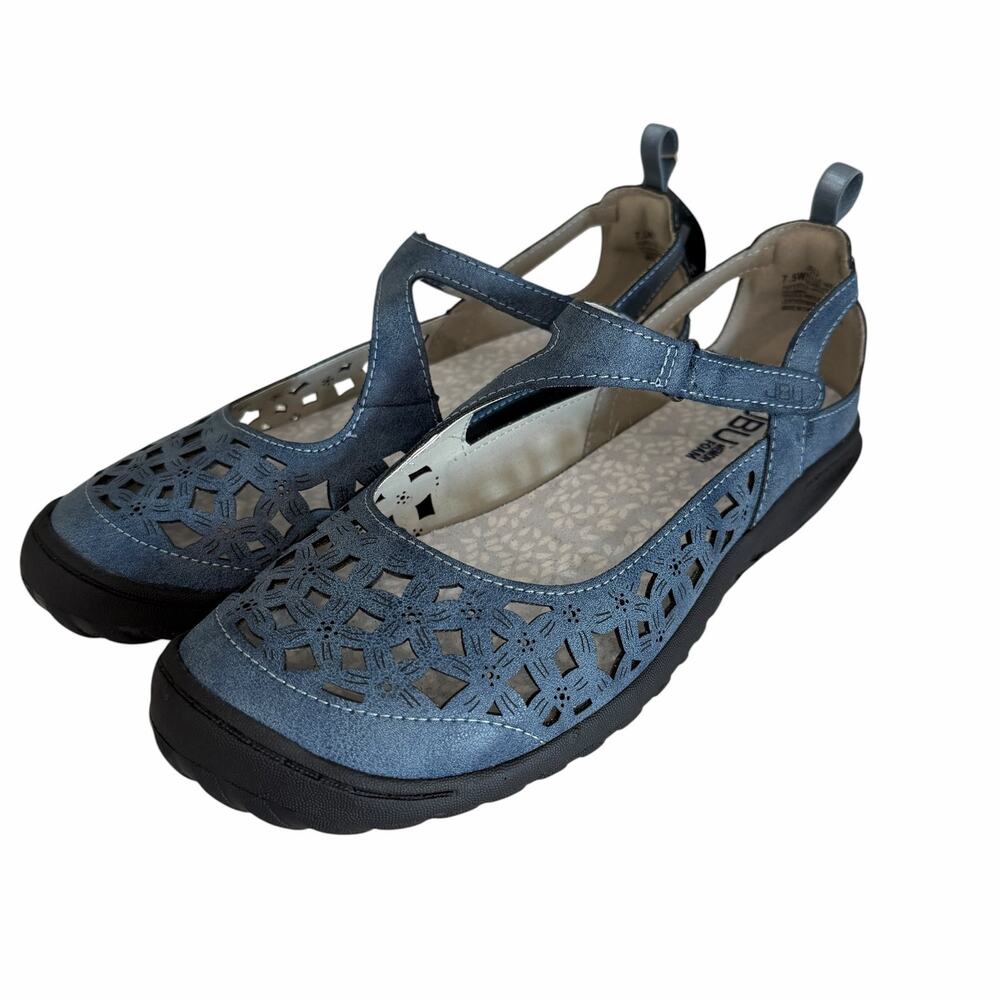 JBU Belle Sandals Womens 7.5 Wide Comfort Maryjane Blue Leather Memory Foam NEW